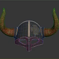 Decorative Viking Helmet With Red Horns And Intricate Metal Engraved Design