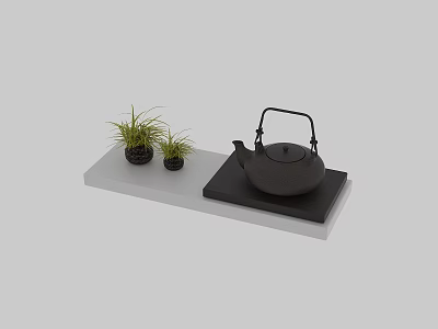 Minimalist Black Tea Set with Teapot Small Plants on Light Platform and Tray 3d model