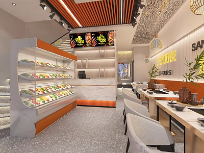 Modern Restaurant Interior With Refrigerated Food Display Case Dining Tables And Chairs 3d model