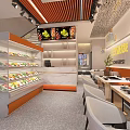 Modern Restaurant Interior With Refrigerated Food Display Case Dining Tables And Chairs