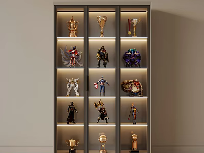 Illuminated Display Cabinet Showcasing Various Trophies and Action Figures in Modern Interior 3d model