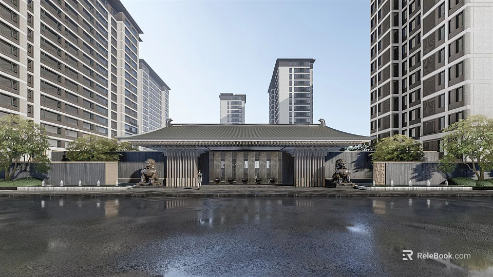 Traditional Chinese Entrance Gate With Pagoda Roof And Stone Lions By High Rise Buildings 3d model