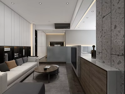 Modern Apartment Interior Design Living Room Kitchen With Sofa Coffee Table And Cabinets 3d model