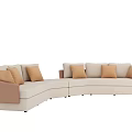 Modern Curved Beige Sectional Sofa With Tan Throw Pillows And Brown Armrests 3d model