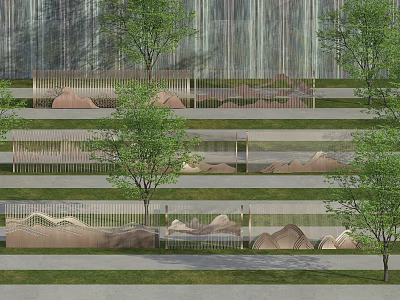 Scenic Wall Design With Layered Greenery Trees And Mountain Shaped Decorations 3d model