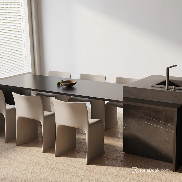 Elegant Modern Dining Table Set With Beige Chairs And Smooth Black Countertop 3d model 