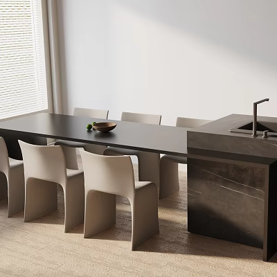 Elegant Modern Dining Table Set With Beige Chairs And Smooth Black Countertop 3d model