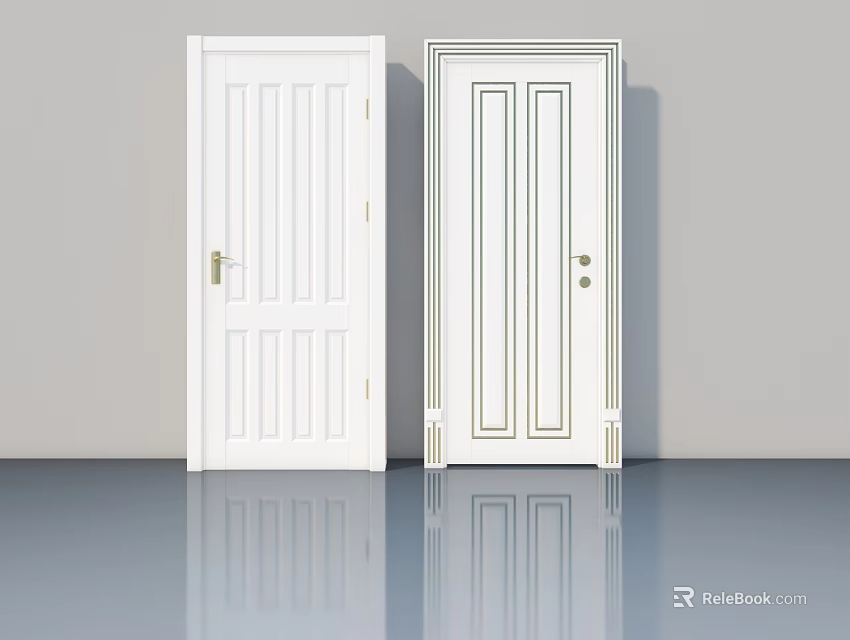 Two White Swing Doors With Simple And Decorative Panel Designs On Reflective Floor 3d model 