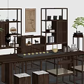 Traditional Chinese Wooden Table And Chair Set With Tea Set Bookshelves Plant And Decorative Painting