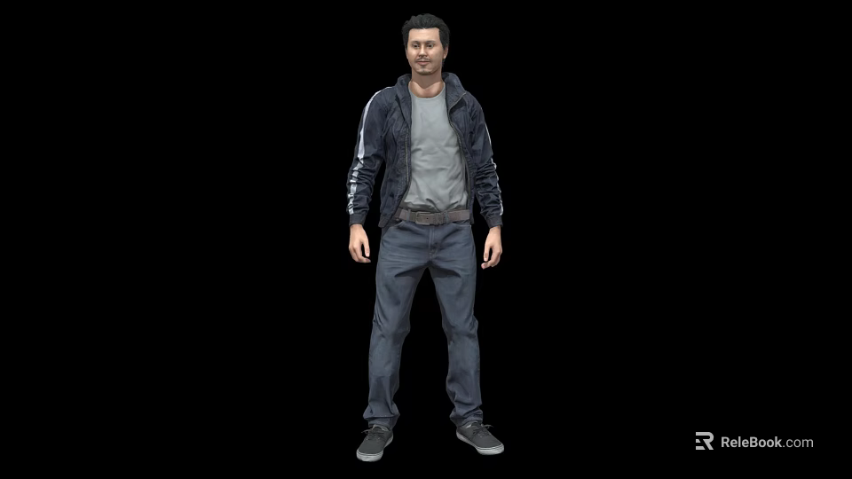 Man Standing in Black Jacket Gray T-Shirt Dark Pants and Gray Shoes on Black Background 3d model 