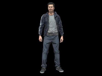 Man Standing in Black Jacket Gray T-Shirt Dark Pants and Gray Shoes on Black Background 3d model