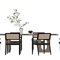 Modern Dining Table Set with Woven Chairs Rectangular Wooden Table and Decorative Vase 3d model