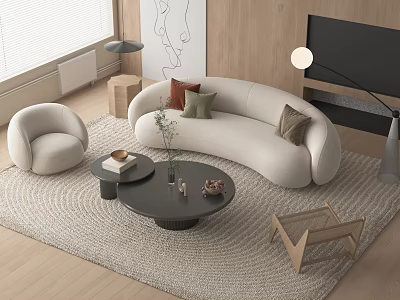 Modern White Sofa Coffee Table Set With Round Table Pillows Area Rug And Armchair 3d model