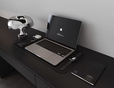 Open Apple Laptop On Black Desk With Silver Desk Lamp Mouse Phone And Notebook 3d model