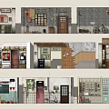 Vintage Background Wall Collection With Traditional Doors Windows And Bicycle Elements 3d model