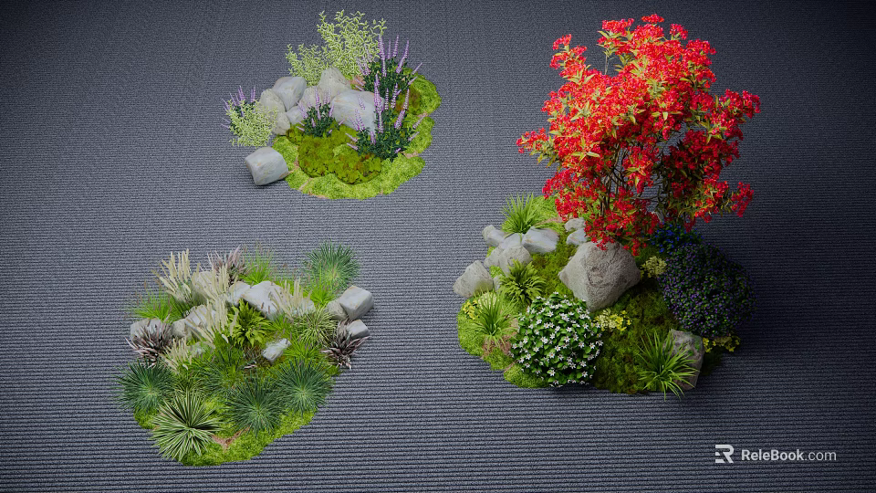 Vibrant Flower And Green Plant Combinations With Decorative Rocks In Garden 3d model 