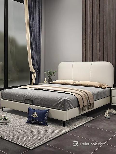 Elegant Upholstered Double Bed With White Headboard Gray Bedding Nightstand And Wooden Wall Panel 3d model 