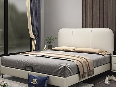Elegant Upholstered Double Bed With White Headboard Gray Bedding Nightstand And Wooden Wall Panel 3d model