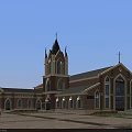 European Style Church Architecture With Red Brick Steeple Cross Arched Windows And Trees