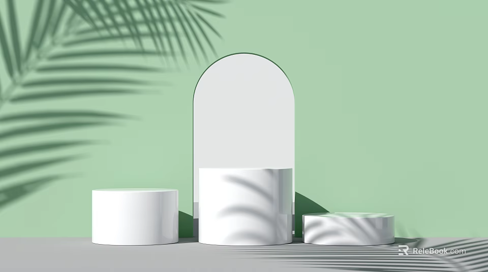 White Arched Display Shelves With Three Sizes Platforms On Green Background And Palm Leaf Shadows 3d model