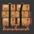 Stacked Wooden Crates On Wooden Pallet Secured With Green Straps