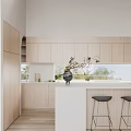 Modern Restaurant Kitchen With Wooden Cabinets White Island Counter And Windows