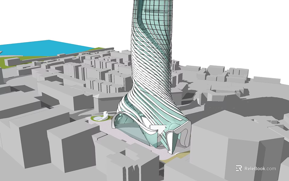 Modern Tall Streamlined Hotel Building With Glass Facade And Urban Waterfront View 3d model 