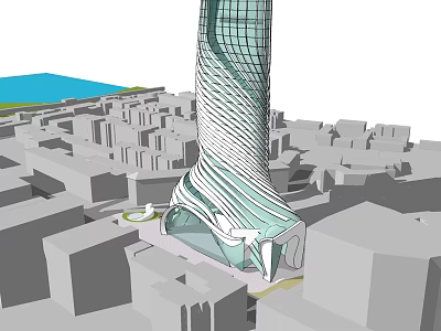 Modern Tall Streamlined Hotel Building With Glass Facade And Urban Waterfront View 3d model