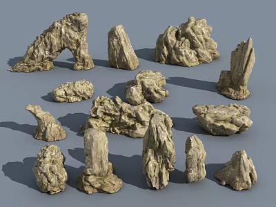 Natural Stone and Wood Decorative Items with Various Shapes and Sizes 3d model
