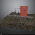 Industrial Red Control Box With Connected Pipes Valve And Concrete Base