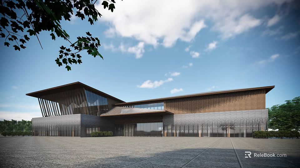 Modern Museum Building Design With Glass Facade And Wooden Roof Structure Under Blue Sky 3d model 