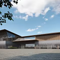 Modern Museum Building Design With Glass Facade And Wooden Roof Structure Under Blue Sky