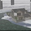 Ancient Chinese Architecture with Water Pool Snow-capped Mountains and Trees Wooden Elements Stone Walls