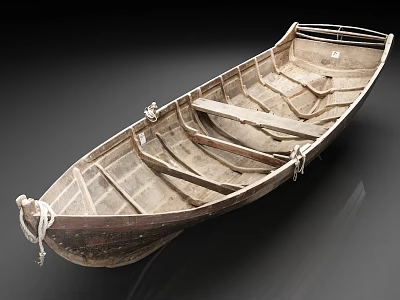 Old Wooden Small Boat With Weathered Planks And Ropes On Black Background 3d model