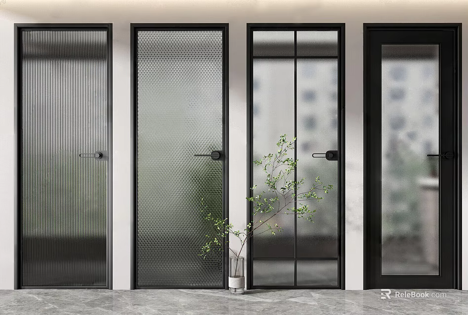 Modern Interior Hinged Doors With Various Glass Patterns And Black Frames 3d model