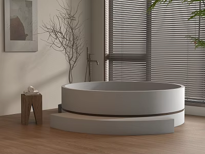 Modern Round White Bathtub In Bathroom With Wooden Floor Window Blinds And Green Plant 3d model