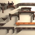 Traditional Wooden Components with Intricate Carvings and Various Architectural Designs