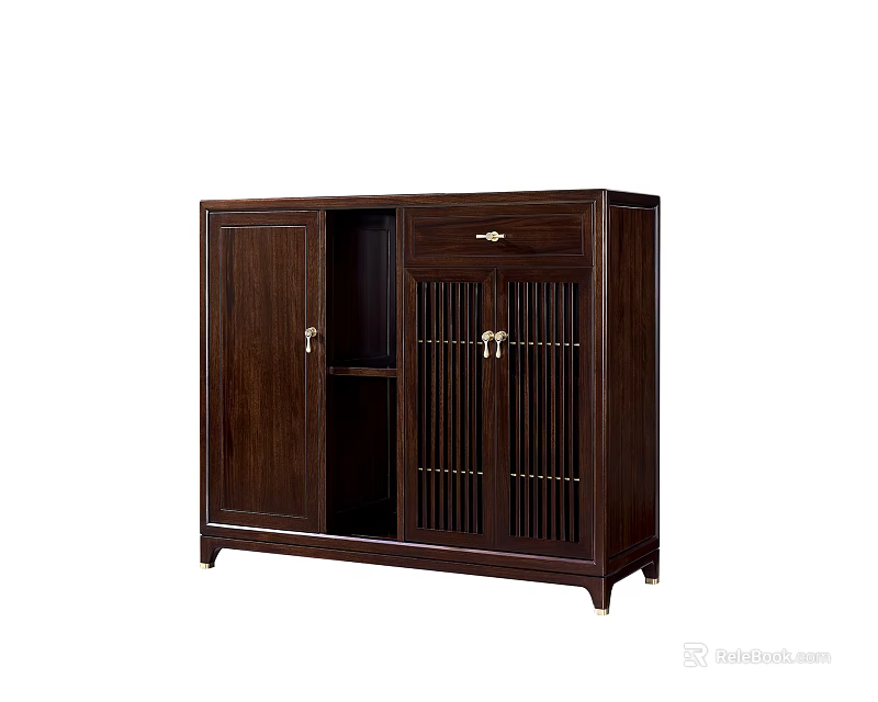 Traditional Dark Wood Cabinet With Lattice Doors Drawer And Carved Legs 3d model 