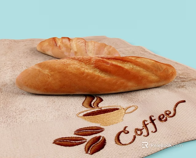 Fresh Baguette Loaves On Coffee Themed Towel With Embroidered Coffee Cup And Beans Design 3d model 