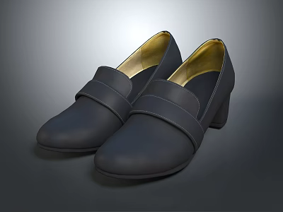 Black Leather Block Heel Shoes With Strap Design And Golden Inner Lining Elegant Women's Footwear 3d model