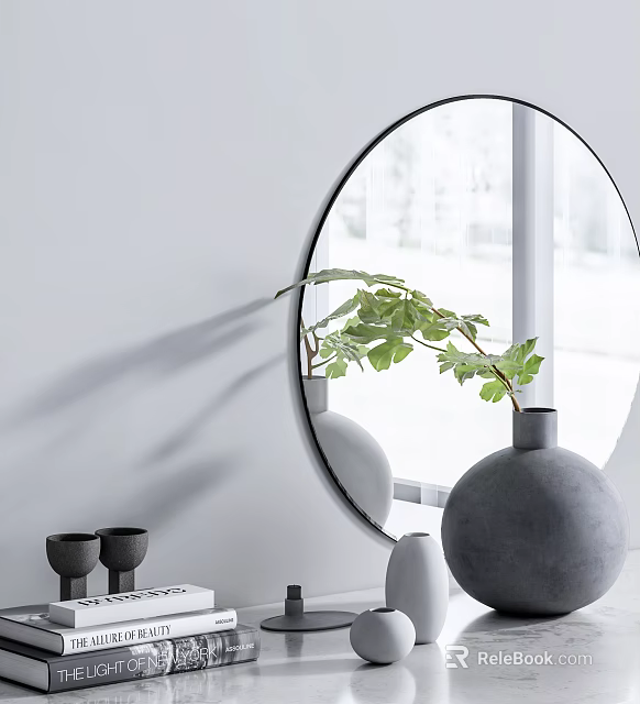 Modern Minimalist Decorative Ornament Set With Round Mirror Vases And Green Plant Leaves 3d model 