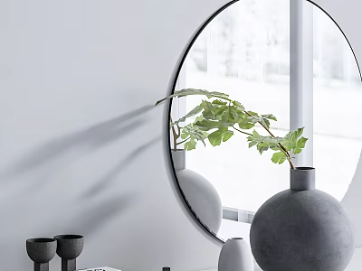 Modern Minimalist Decorative Ornament Set With Round Mirror Vases And Green Plant Leaves 3d model