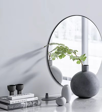 Modern Minimalist Decorative Ornament Set With Round Mirror Vases And Green Plant Leaves 3d model