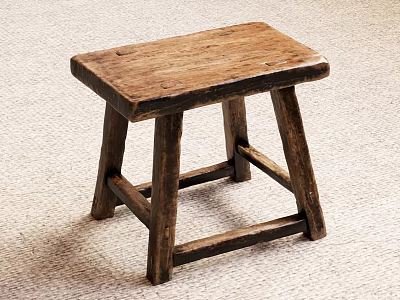 Rustic Wooden Stool With Square Seat And Cross Legs For Home Decor 3d model