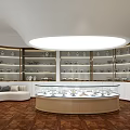 Elegant Jewelry Store Interior With Round Glass Display Counter Shelves And Displayed Jewelry