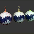 Three Piece Blue Snowy Castle Ornament Set With Gold Hooks And Shiny Reflective Surface