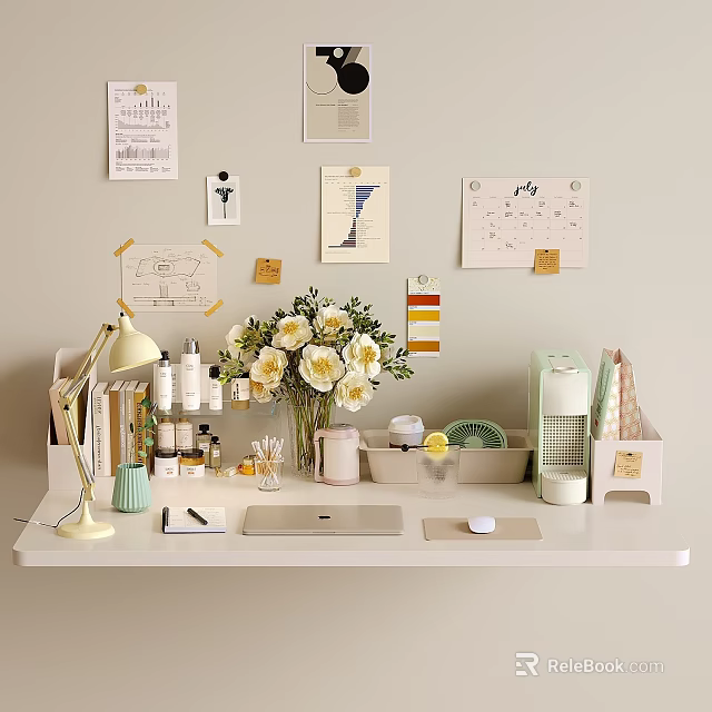 Organized White Desk Featuring Vintage Lamp Vase With Flowers Laptop Skincare Bottles And Wall Decor 3d model 