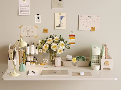 Organized White Desk Featuring Vintage Lamp Vase With Flowers Laptop Skincare Bottles And Wall Decor 3d model