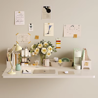 Organized White Desk Featuring Vintage Lamp Vase With Flowers Laptop Skincare Bottles And Wall Decor 3d model