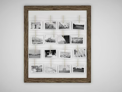 Photo Wall with Wooden Frame and Strings Displaying Multiple Black And White Architectural Landscape 3d model